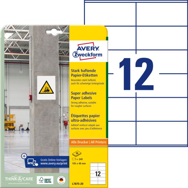 Avery zweckform etiketten universal 105x48mm l7875-20 weiss, stark haftend 20 blatt - Avery-zweckform-l7875-20-4004182070079