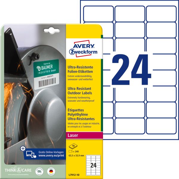 Avery zweckform etiketten 63,5x33,9mm l7912-10 weiss ultra-resistant - Avery-zweckform-l7912-10-4004182068076