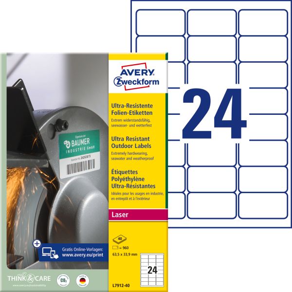 Avery zweckform etiketten 63.5x33.9mm l7912-40 weiss, matt, a4 40 blatt - Avery-zweckform-l7912-40-4004182049990
