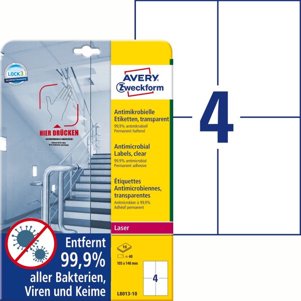 Avery zweckform etiketten l8013-10 antimic. 105x148mm transp. - Avery-zweckform-l8013-10-4004182380130