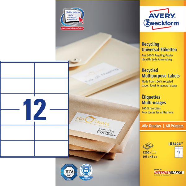 Avery zweckform etiketten 105x48mm lr3424 recycling 1200 stück - Avery-zweckform-lr3424-4004182035405