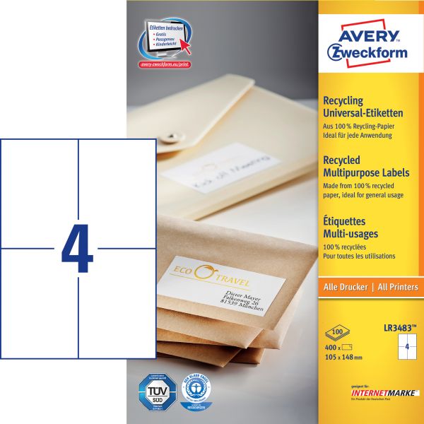 Avery zweckform etiketten 105x148mm lr3483 recycling 400 stück - Avery-zweckform-lr3483-4004182035412
