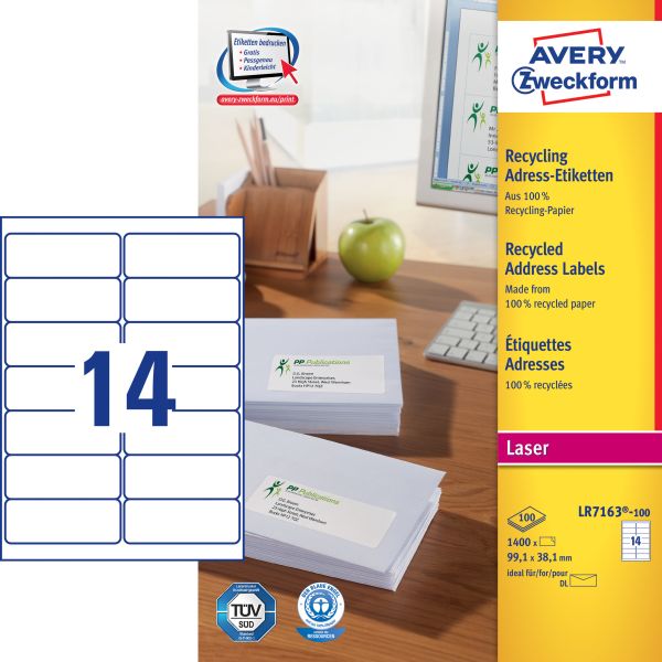 Avery zweckform adressetiketten 99,1x38,1mm lr7163100 recycling 1400 stück - Avery-zweckform-lr7163100-4004182651629