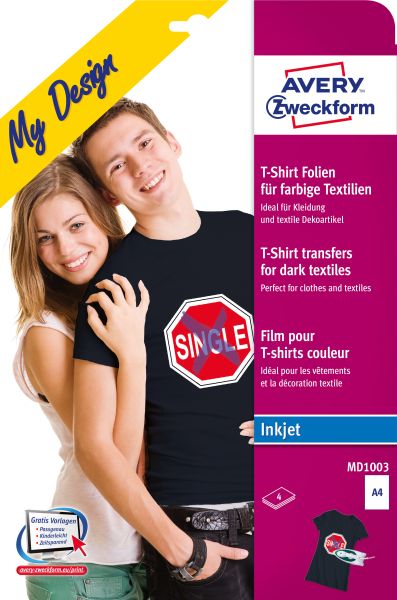 Avery zweckform textilfolie iron-on a4 md1003 inkjet farbige textil. 4 stk. - Avery-zweckform-md1003-4004182045435