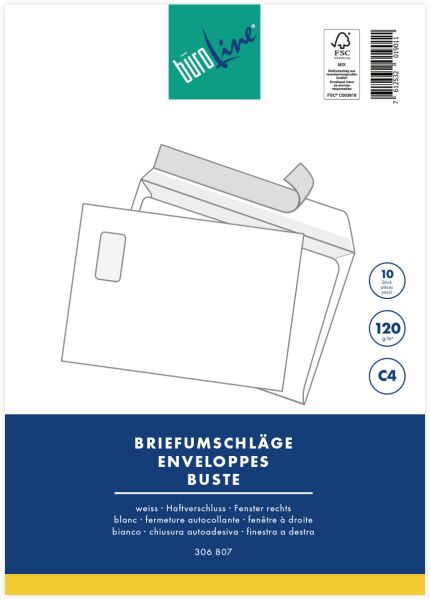 BÜroline couvert m/fenster rechts c4 105929 120g, weiss 10 stück - Bueroline-105929-7612532019011