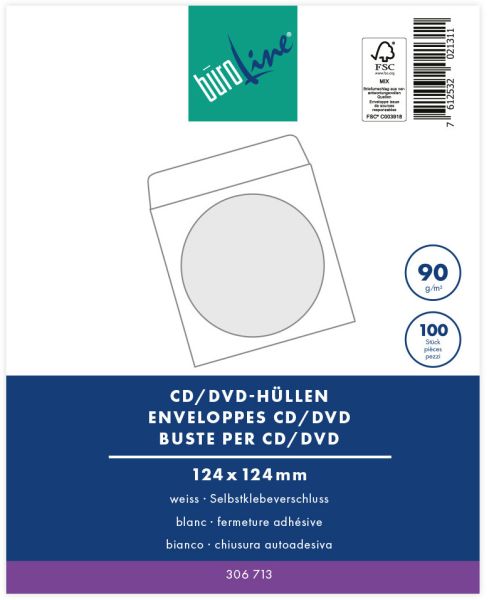 BÜroline cd/dvd-hüllen 124x124mm 107955 weiss, 90g 100 stück - Bueroline-107955-7612532021311