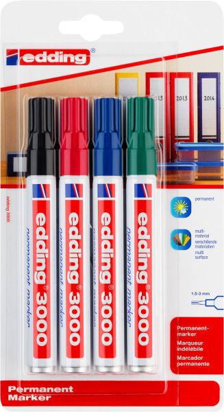 Edding permanent marker 3000 1.5-3mm 3000bli-1234 4 farben ass. blister - Edding-3000bli-1234-4004764796281
