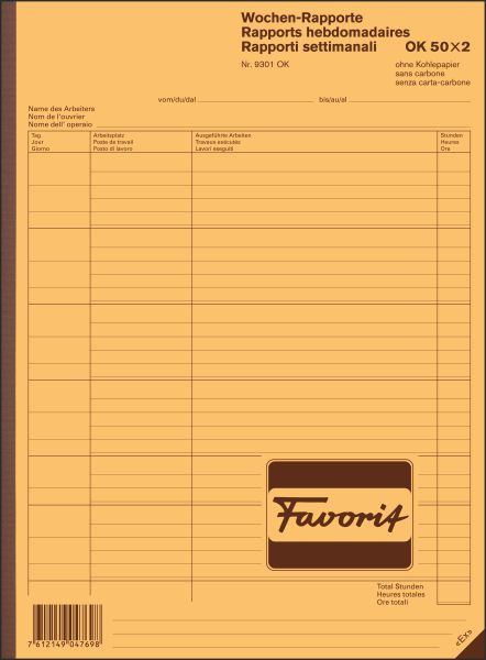 Favorit wochen-rapporte d/f/i a4 9301 ok durchschreibepapier 50x2 blatt - Favorit-9301-ok-7612149047698