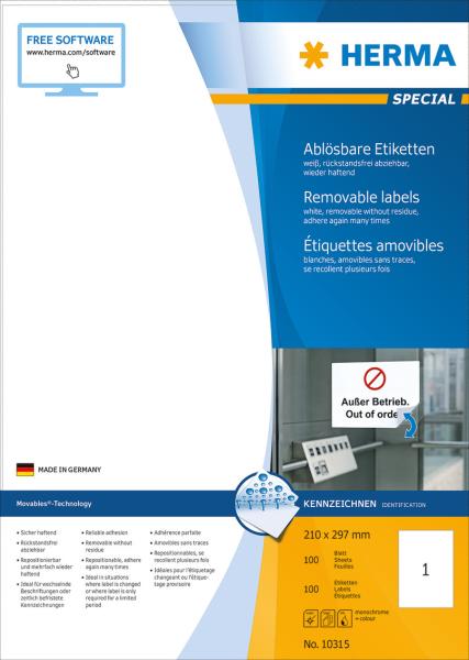 Herma etiketten special 210x297mm 10315 weiss,non-perm. 100st./100bl. - Herma-10315-4008705103152