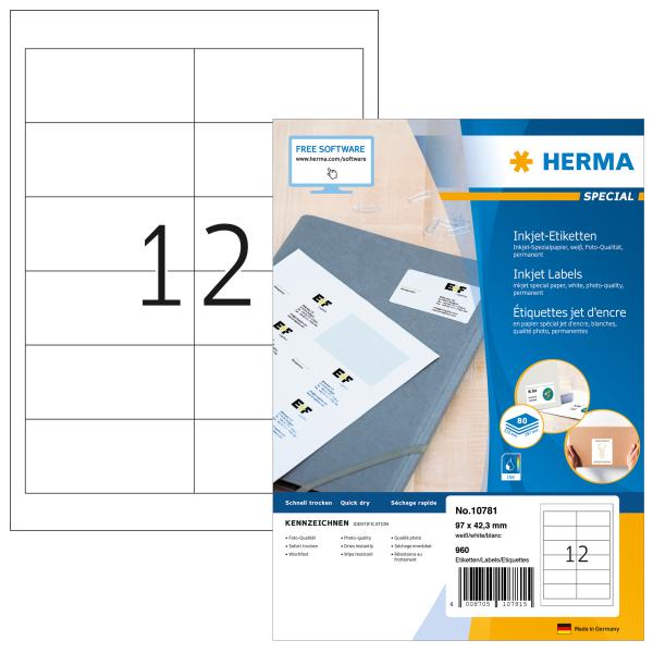 Herma etiketten inkjet 97x42.3mm 10781 weiss 960 stk./80 blatt - Herma-10781-4008705107815