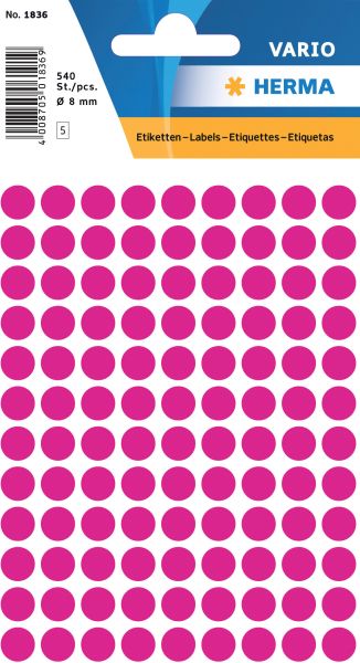 Herma etiketten rund 8mm 1836 pink 540 stück - Herma-1836-4008705018364