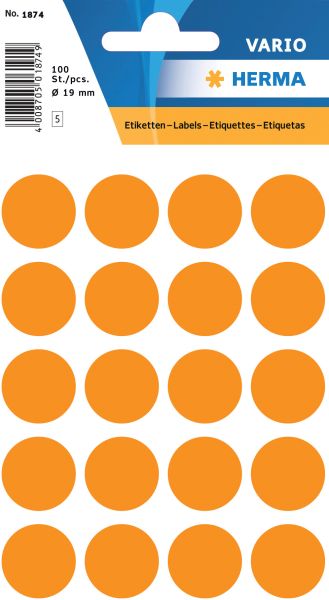 Herma etiketten rund 19mm 1874 leuchtorange 100 stück - Herma-1874-4008705018746