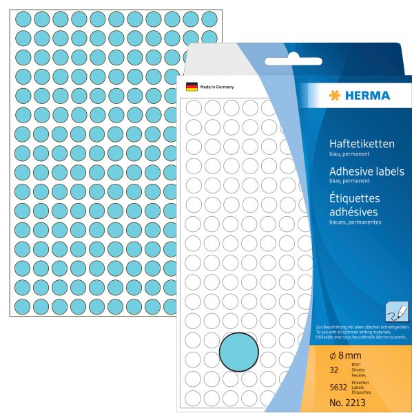 Herma etiketten rund 8mm 2213 blau 5632 stück - Herma-2213-4008705022132