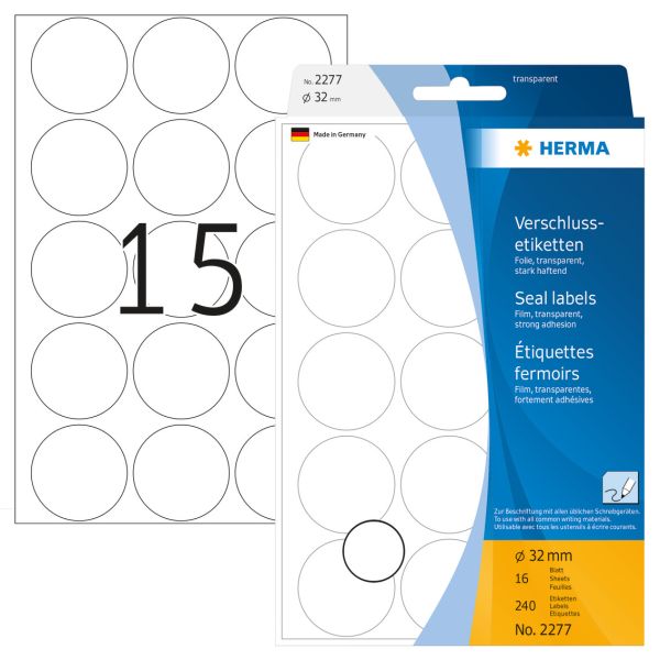 Herma verschlussetiketten 32mm 2277 transparent 240 st./16 blatt - Herma-2277-4008705022774