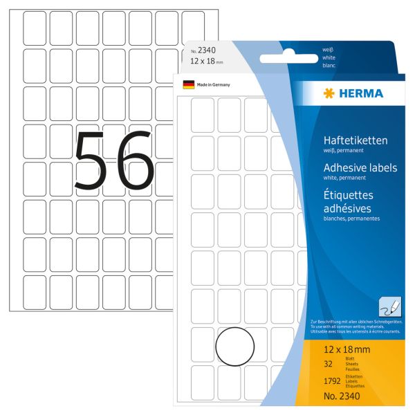Herma universal-etiketten 12x18mm 2340 weiss 1792 stück/32 blatt - Herma-2340-4008705023405