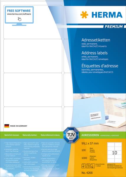 Herma etiketten premium 99.1x57mm 4268 weiss,perm. 1000 st./100 bl. - Herma-4268-4008705042680