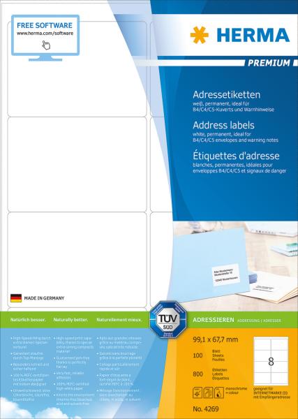 Herma etiketten premium 99.1x67.7mm 4269 weiss,perm. 800 st./100 bl. - Herma-4269-4008705042697