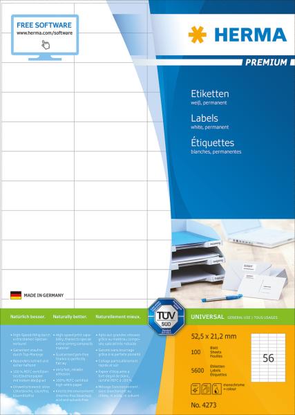Herma etiketten premium 52.5x21.2mm 4273 weiss,perm. 5600 st./100 bl. - Herma-4273-4008705042734