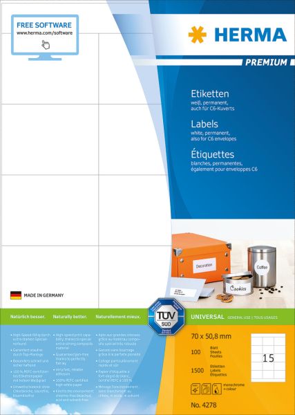 Herma etiketten premium 70x50.8mm 4278 weiss,perm. 1500 st./100 bl. - Herma-4278-4008705042789