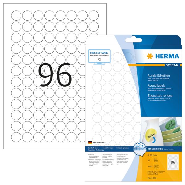 Herma etiketten movables 20mm 4386 weiss, non perm. 2400 stück - Herma-4386-4008705043861
