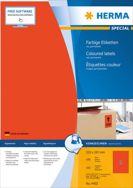 Herma etiketten special 210x297mm 4402 rot,perm. 100 st./100 bl. - Herma-4402-4008705044028