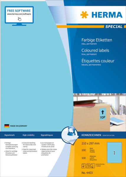Herma etiketten special 210x297mm 4403 blau,perm. 100 st./100 bl. - Herma-4403-4008705044035