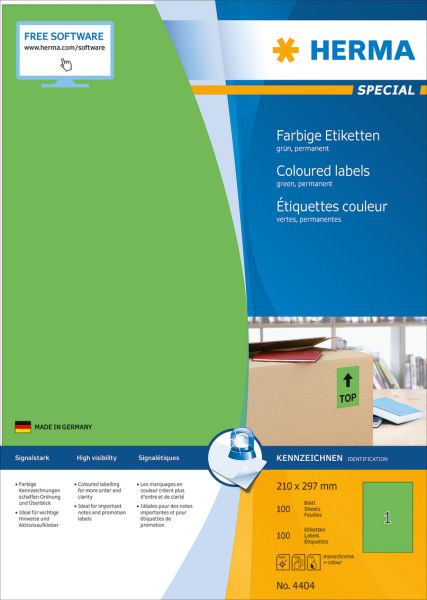 Herma etiketten special 210x297mm 4404 grün,perm. 100 st./100 bl. - Herma-4404-4008705044042