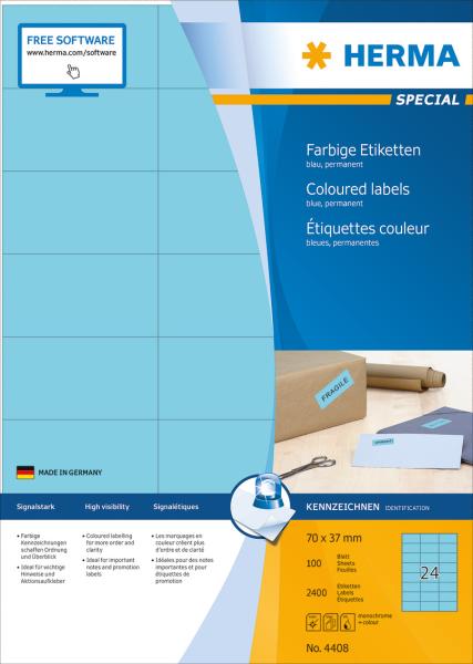 Herma etiketten special 70x37mm 4408 blau,perm. 2400 st./100 bl. - Herma-4408-4008705044080