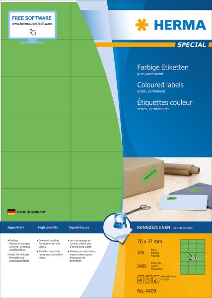 Herma etiketten special 70x37mm 4409 grün,perm. 2400 st./100 bl. - Herma-4409-4008705044097