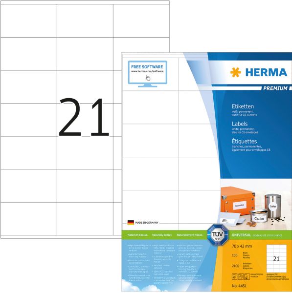 Herma universal-etiketten 70x42mm 4451 weiss 2100 st./100 blatt - Herma-4451-4008705044516