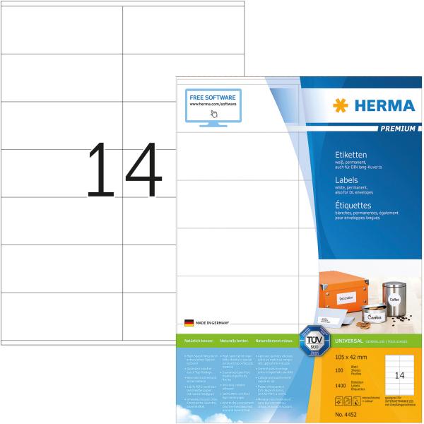 Herma universal-etiketten 105x42mm 4452 weiss 1400 st./100 blatt - Herma-4452-4008705044523
