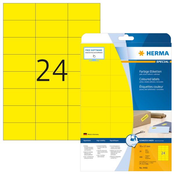 Herma universal-etiketten 70x37mm 4466 gelb 480 st./20 blatt - Herma-4466-4008705044660