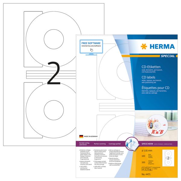 Herma cd-etiketten 4471 4471 116mm 200stk. 100 b. - Herma-4471-4008705044714