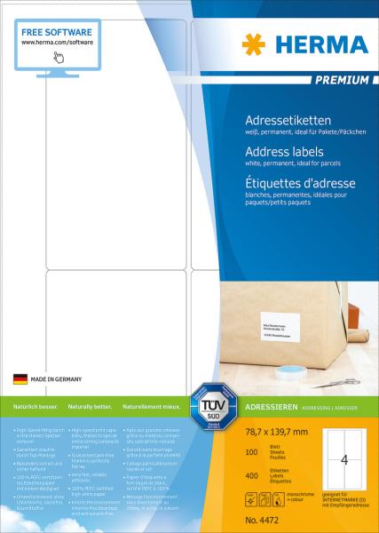 Herma etiketten premium 78.7x139.7mm 4472 weiss,perm. 400 st./100 bl. - Herma-4472-4008705044721