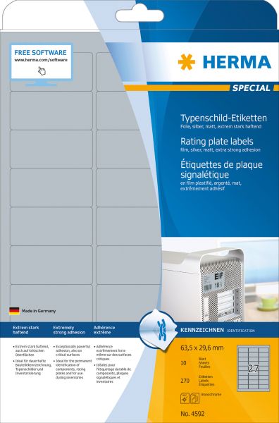 Herma typenschild-etik. 63,5x29,6mm 4592 silber,pp matt 270 stk./10 bl. - Herma-4592-4008705045926