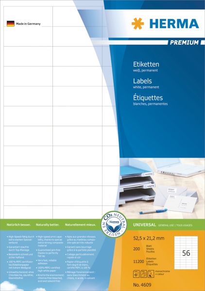 Herma etiketten premium 52,5×21,2mm 4609 weiss 11200 stück - Herma-4609-4008705046091