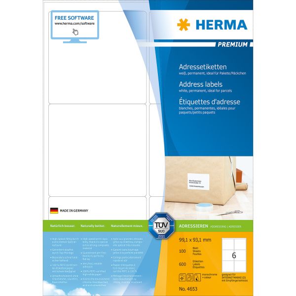 Herma adress-etiketten 99x93mm 4653 weiss, permanent 100 stück - Herma-4653-4008705046534