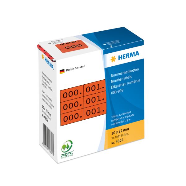 Herma dreifach-nummern 22x10mm 4802 rot, 0-999 1000 stück - Herma-4802-4008705048026