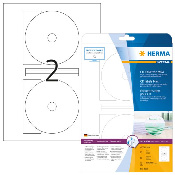 Herma cd-etiketten Ø116mm 4850 50 stück, 25 blatt - Herma-4850-4008705048507