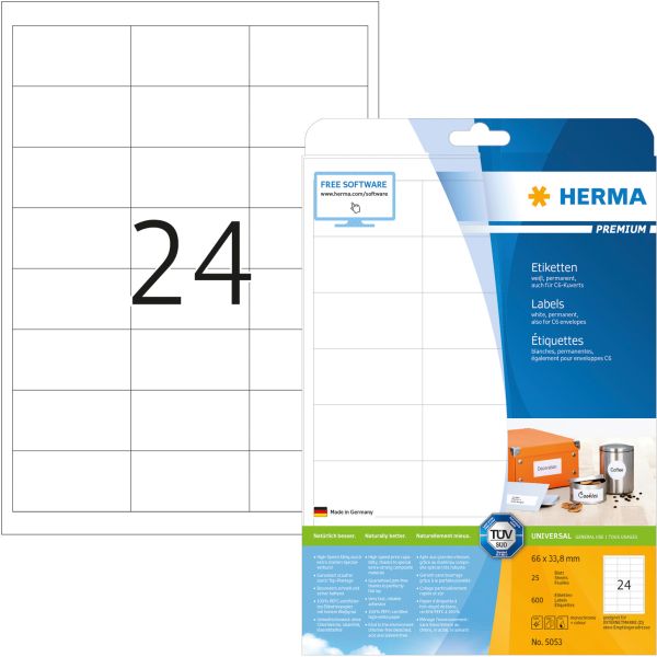 Herma universal-etikett. 66,0x33,8mm 5053 weiss 600 st./25 blatt - Herma-5053-4008705050531