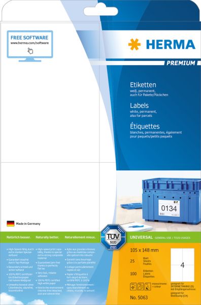 Herma etiketten premium 105x148mm 5063 weiss,perm. 100 st./25 bl. - Herma-5063-4008705050630