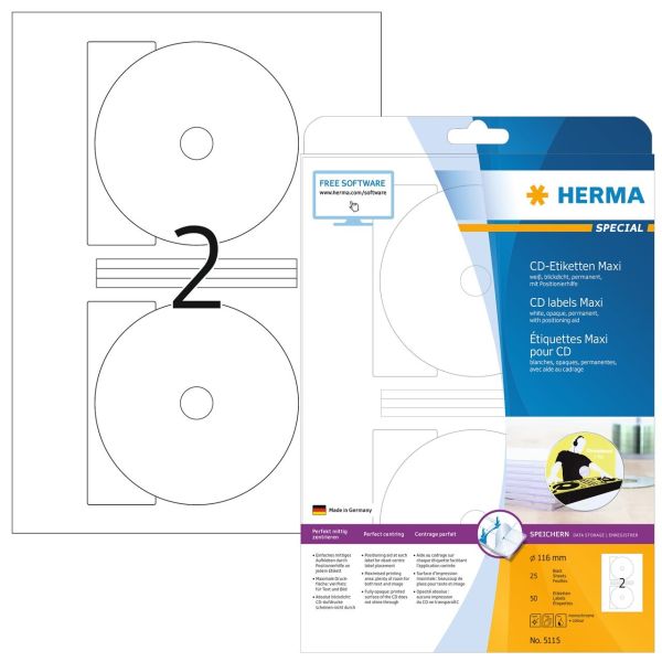 Herma cd-etiketten 116mm 5115 weiss 50 st./25 blatt - Herma-5115-4008705051156