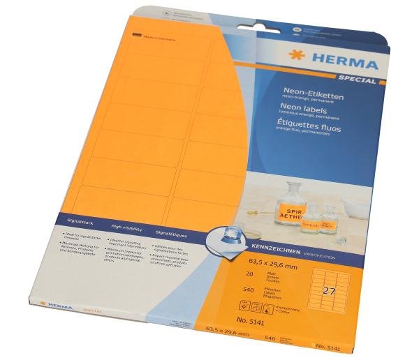 Herma etiketten 63.5x29.6mm 5141 neon orange 540 stück/20 blatt - Herma-5141-4008705051415