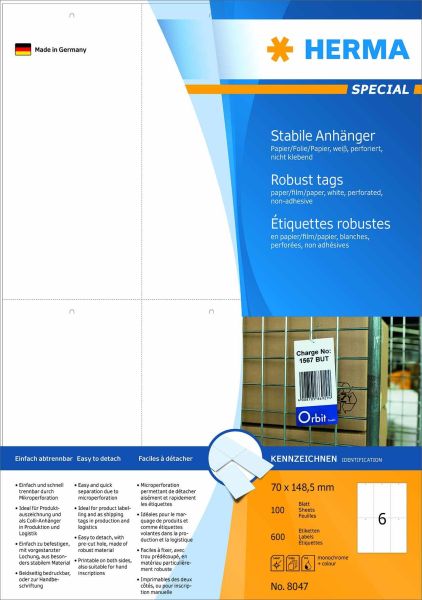 Herma anhänge-etiketten 70x148,5mm 8047 weiss 600 stück - Herma-8047-4008705080477