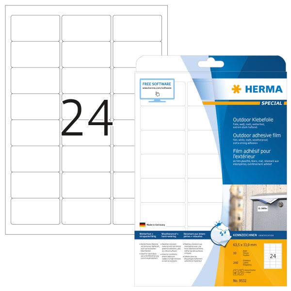 Herma outdoor etikett.pp 63,5x33,9mm 9532 weiss 240 st./10 blatt - Herma-9532-4008705095327