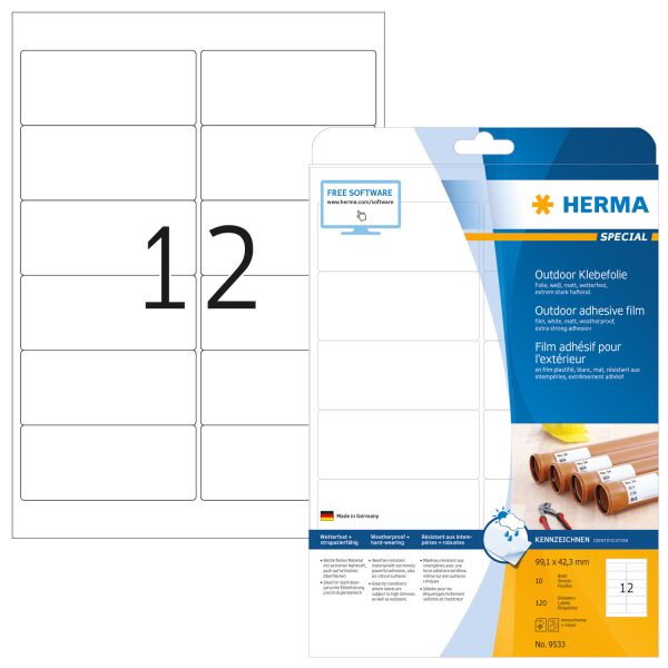Herma outdoor etikett.pp 99,1x42,3mm 9533 weiss 120 st./10 blatt - Herma-9533-4008705095334