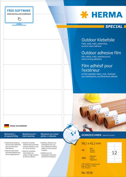 Herma folienetiketten 99,1x42,3mm 9538 weiss,pp matt 480 stk./40 bl. - Herma-9538-4008705095389