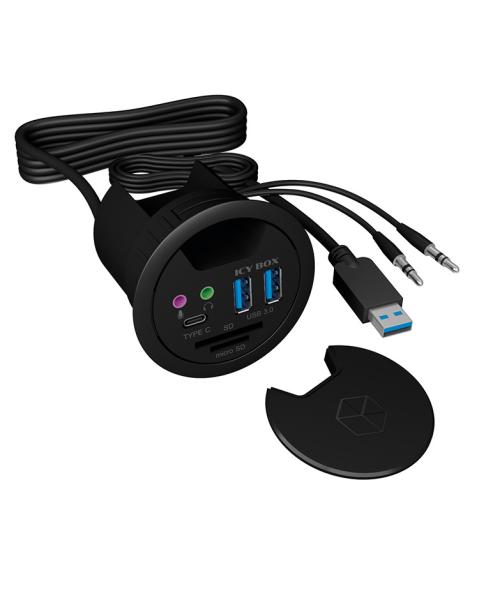 Icy box in-desk usb hub 60 mm black ib-hub1404a 2x usb 3.0, usb-c, 3,5mm, sd - Icy-box-ib-hub1404a-4250078166306