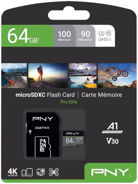 Pny micro-sdxc pro elite 64gb p-sdu64gv31100pro-ge uhs-i u3 a1 & adapter - Pny-p-sdu64gv31100pro-ge-0751492625744