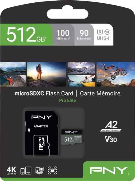 Pny micro-sdxc pro elite 512gb p-sdux512u3100pro-ge uhs-i u3 a2 & adapter - Pny-p-sdux512u3100pro-ge-0751492623580